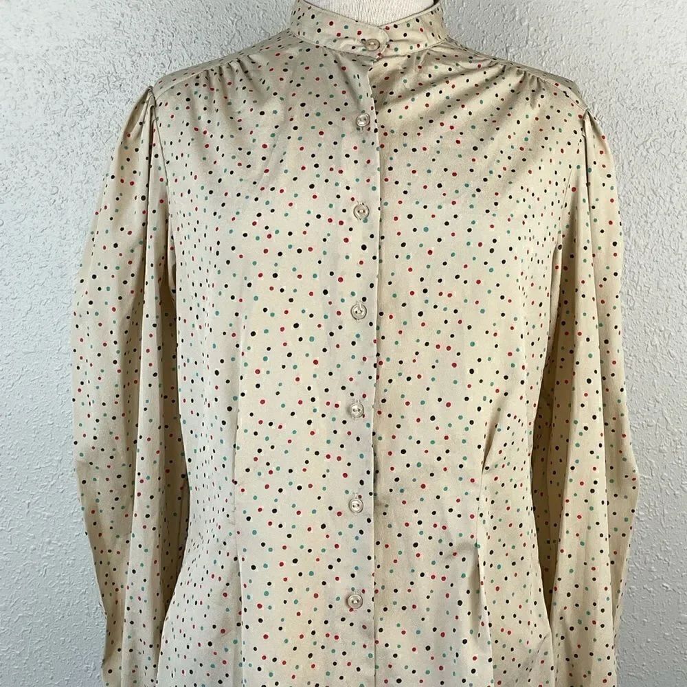 Vintage Panter Womens Tan Polka Dot Button Down Blouse Long Sleeve Size 13/14